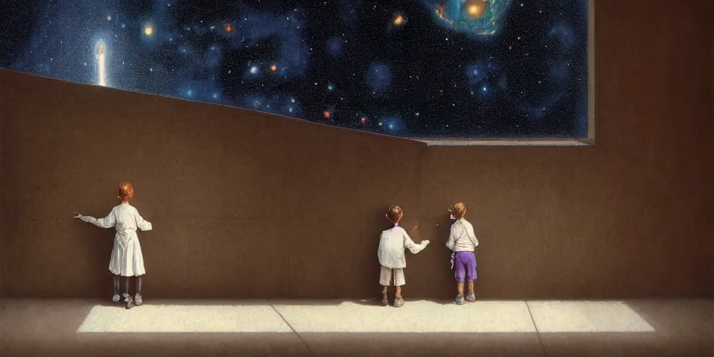 Prompt: a 5 year old boy and 1 2 year old girl looking at a wall and viewing the universe full of galaxies, imagination, part by norman rockwell, part by greg rutkowski, part by mattias adolfsson, high angle, ( ( ( ( volumetric lighting ) ) ) ), oil on canvas