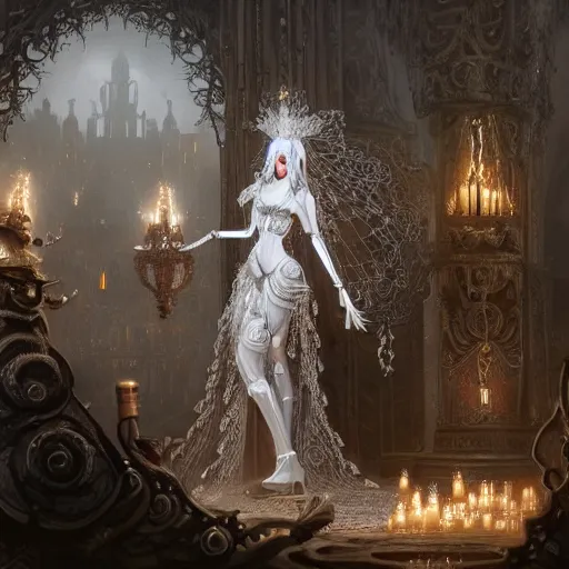 Image similar to female gothic robots with heart organ, dressed in white intricate baroque lace, veils and jewels, epic environment, matte painting, diffused lighting, highly detailed, cinematic, epic atmosphere, digital art, trending on artstation, wide angle