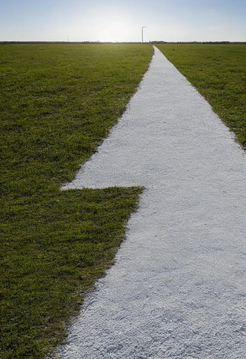 Prompt: a white concrete road ends suddenly in the middle of an empty grassy plain, sunny