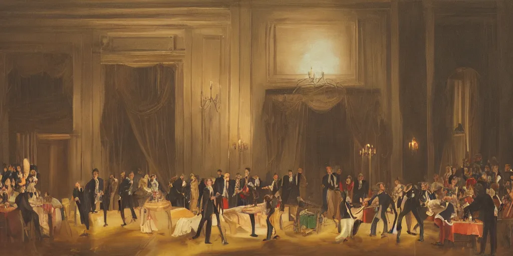 Image similar to muskrat rushes to the reception in a tailcoat with a bow tie on the water in the palace, candlelight, painting, painting, ball, borroco