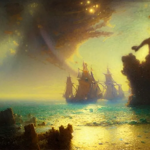 Prompt: point of view of deep in the ocean looking up, you see fishes, higher up you see the milk way, night time. highly detailed painting by gaston bussiere, greg rutkowski 8 k