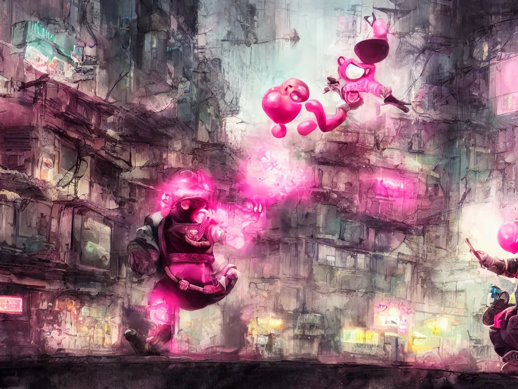 Image similar to Humpty Dumpty , fighting with a pink rubber monkey in a cyberpunk, post apocalyptic Tokyo, D&D, fantasy, highly detailed, digital painting, artstation, concept art, smooth, sharp focus, illustration, art by Bill Sienkiewicz