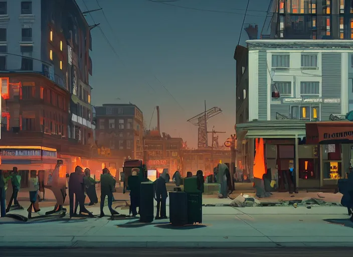 Prompt: crowd of working citizens carrying daily routines on the backdrop of multiple missile warheads explosions destroying residential buildings, DSLR 35mm, by Edward Hopper and Dan Mumford and WLOP, Unreal Engine 5, Lumen, Nanite