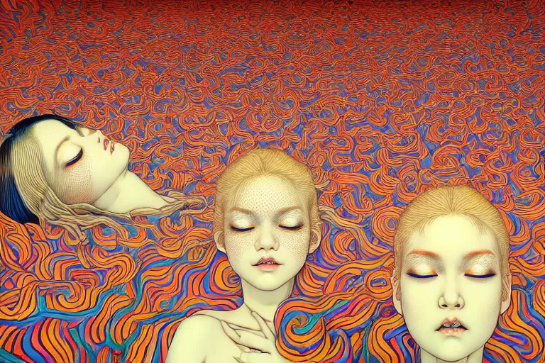 Image similar to realistic detailed image of women floating in a padded room, conjuring psychedelic background, part by takato yamamoto, part by alex gray, ross tran, james jean, ultra realistic, octane render, highly detailed, 8 k, trending on artstation, cosmic, symmetry, masterpiece