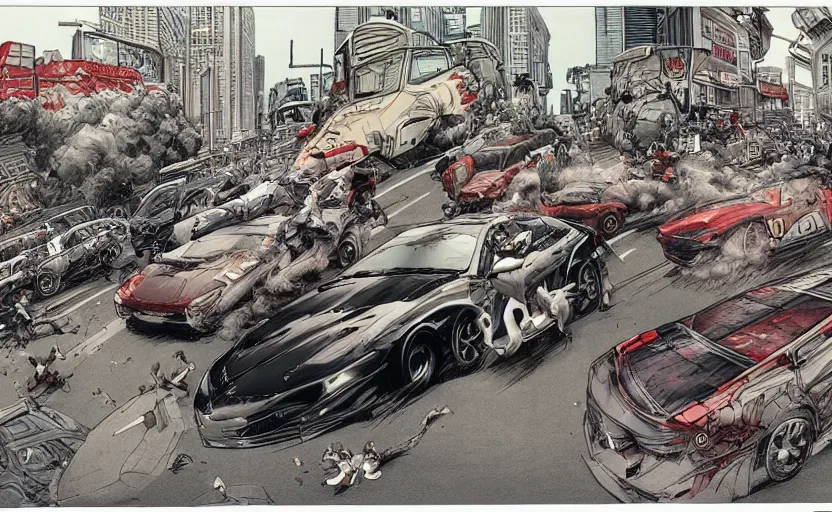 Image similar to action shots of a high speed car chase through a crowded street illustrated by jung gi kim, katsuya terada, jean - david morvan. extremely detailed illustration, action shots, striking perspective