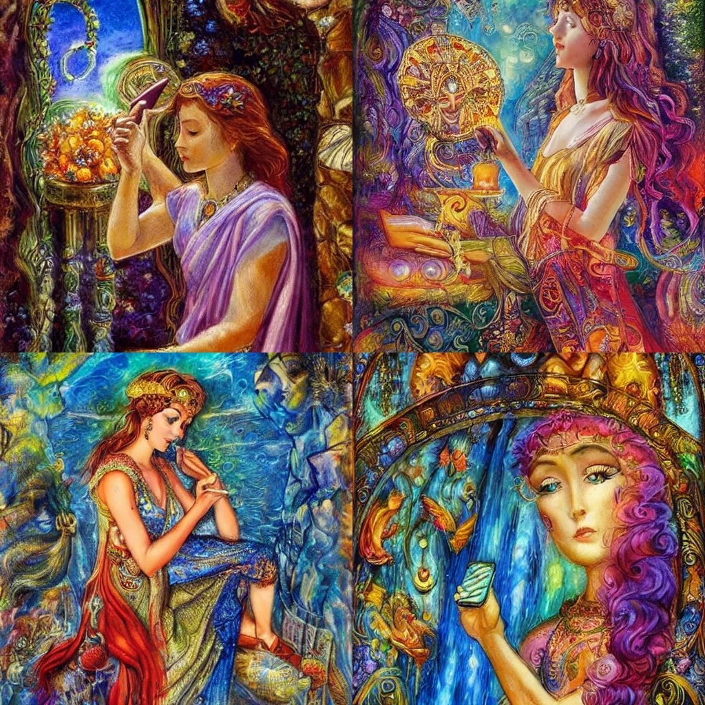 Prompt: goddess checking her phone, by josephine wall