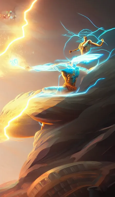 Image similar to the god zeus, lightning, action, epic, close up, sharp focus, digital art, concept art, dynamic lighting, character design by anna dittman and rossdraws, environment by jessica rossier