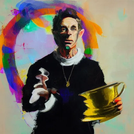 Prompt: queer Donald Duck with a chalice, soft focus, Adrian Ghenie painting