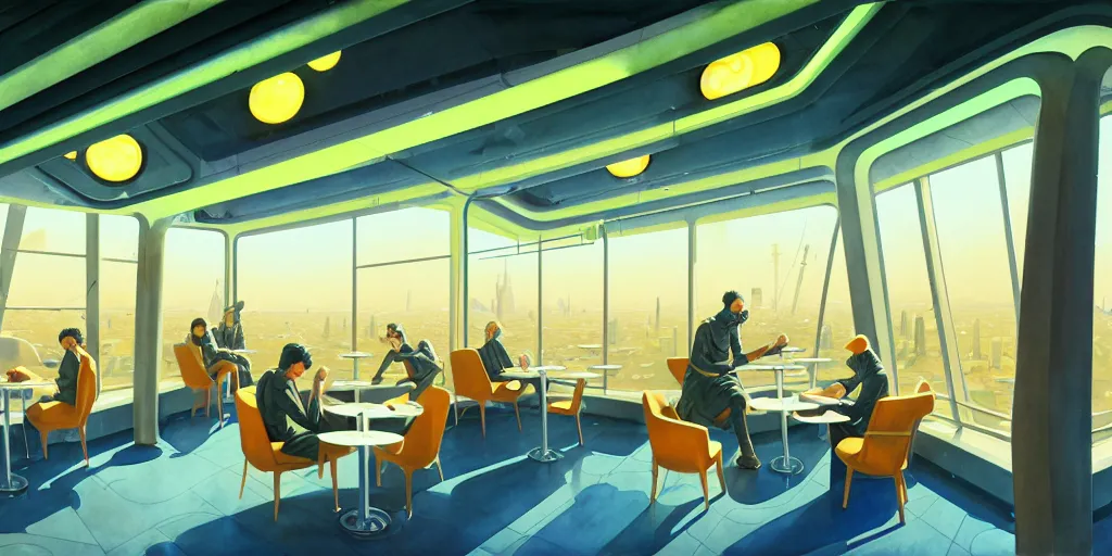 Image similar to a beautiful illustration of futuristic cafe interior, big medium small, sacred geometry, golden ratio, in watercolor gouache detailed paintings, in style of syd mead, trending on artstation, 8 k, panel, hard surface, vent, zaha hadid, props, plant, cozy, decoration around the room, simon stalenhag, deus ex