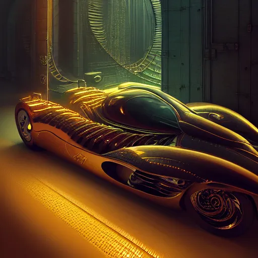 Image similar to cyborg cyber vintage supercar slick warm tones : by michal karcz, daniel merriam, victo ngai and guillermo del toro : ornate, dynamic, particulate, intricate, elegant, highly detailed, centered, artstation, smooth, sharp focus, octane render