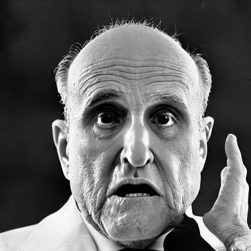 Image similar to closeup hyper detailed portait film color photograph of rudy giuliani looking very upset and frightened covered in white powder holding an envelope