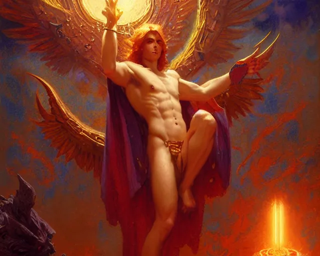 Image similar to attractive male deity, casting demonic magic, summoning handsome lucifer morning star. highly detailed painting by gaston bussiere, craig mullins, j. c. leyendecker 8 k