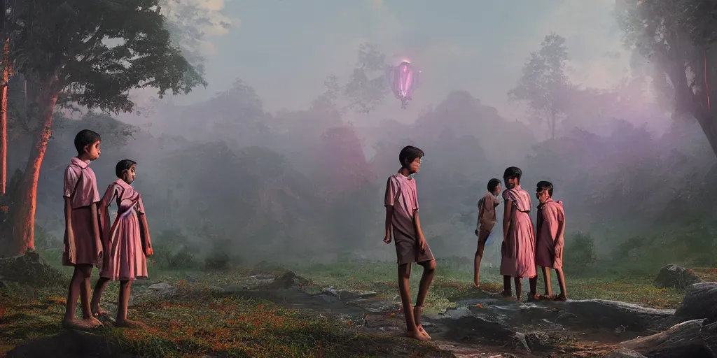 Image similar to kerala school boys wearing girls dresses posing for a photo, an epic fantasy, dramatic lighting, cinematic, establishing shot, extremely high detail, photorealistic, cinematic lighting, artstation, matte painting by simon stalenhag, shadow of the tomb rider