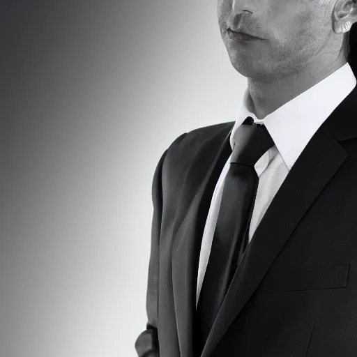 Prompt: full shot photograph of a man wearing a black suit, black shirt, silver tie. black shirt under a black suit with a silver tie. black shirt, silver tie. photorealistic photograph cinematic lighting intricate detailed 8 k resolution