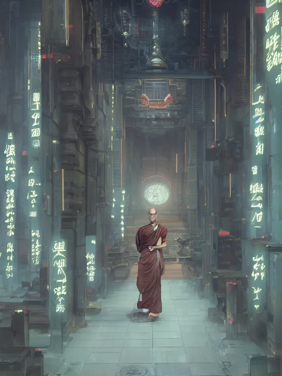 Prompt: a female buddhist monk in cyberpunk temple. By Makoto Shinkai, Stanley Artgerm Lau, WLOP, Rossdraws, James Jean, Andrei Riabovitchev, Marc Simonetti, krenz cushart, Sakimichan, trending on ArtStation, digital art,