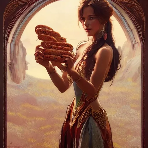 Prompt: portrait of a horse with hot dogs for legs, handsome, D&D, fantasy, intricate, elegant, highly detailed, digital painting, artstation, concept art, matte, sharp focus, illustration, art by Artgerm and Greg Rutkowski and Alphonse Mucha