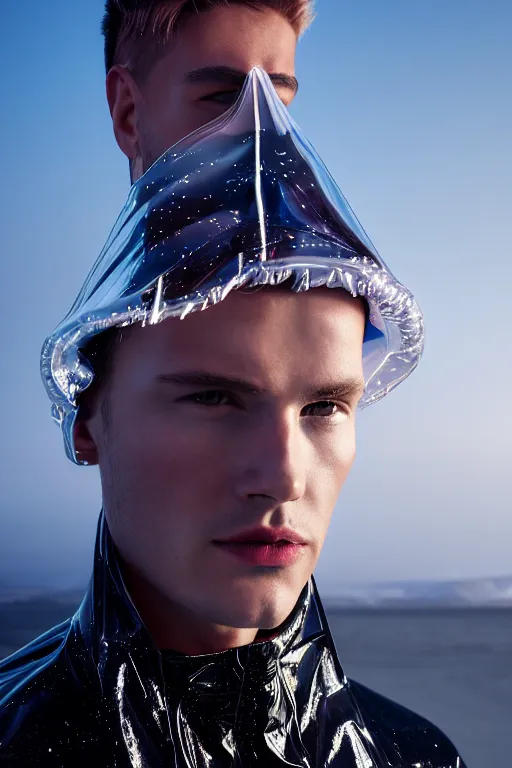 Image similar to an ultra high definition professional high fashion portrait studio full length photograph of a male model wearing a transparent pearlescent raincoat and neon visor in an icelandic black rock environment at dawn. no artefacts. extremely detailed. stark. refraction. shallow depth of field. volumetric light and shadow. ray tracing. light rays.