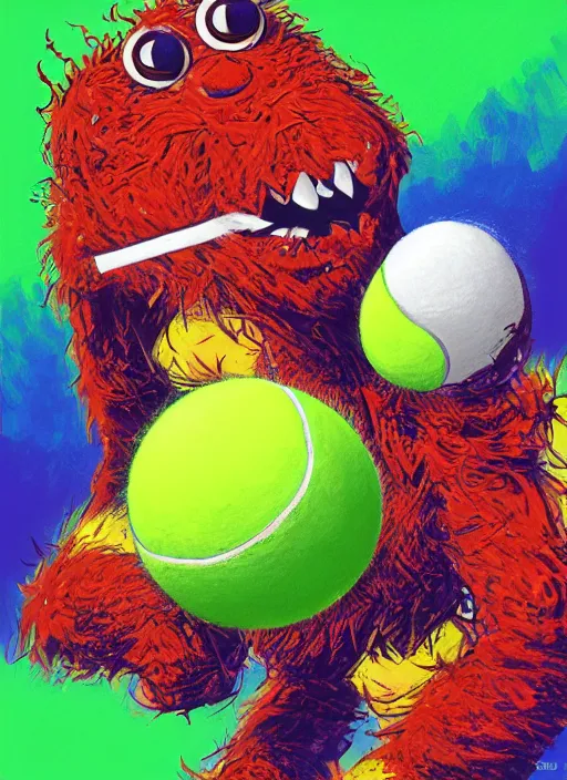 Prompt: tennis ball monsters playing tennis, a tennis ball monster ,tennis ball, funny, digital art, fantasy, magic, trending on artstation, ultra detailed, professional illustration,chalk, poster artwork by Basil Gogos , clean