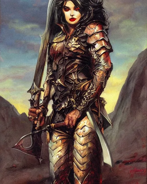 Image similar to portrait of a waifish goth wearing armor and holding sword by frank fazetta, fantasy, barbarian