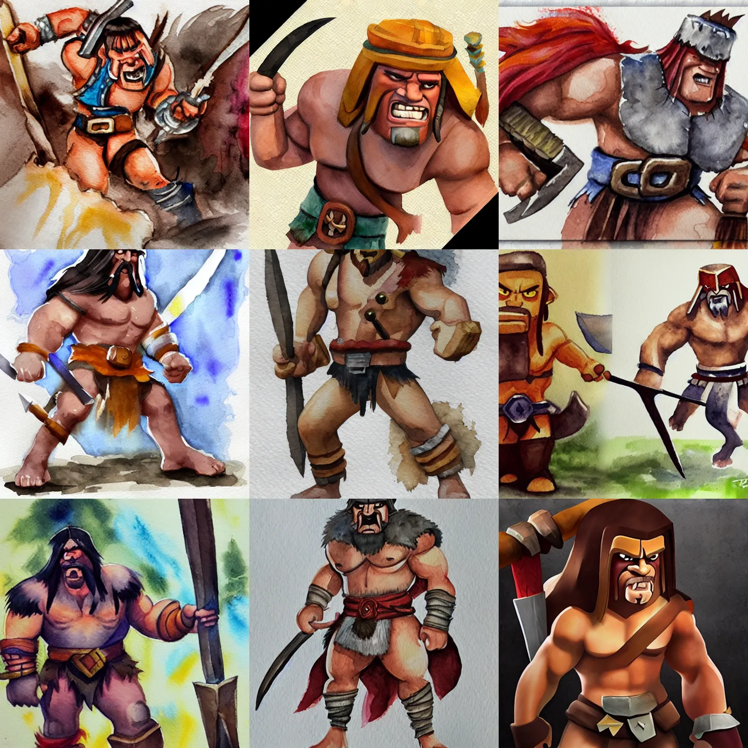 Prompt: clash of clans barbarian in Watercolor