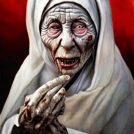 Image similar to a hyperrealistic painting of mother theresa as a zombie, by santiago caruso, highly detailed, sharp focus,