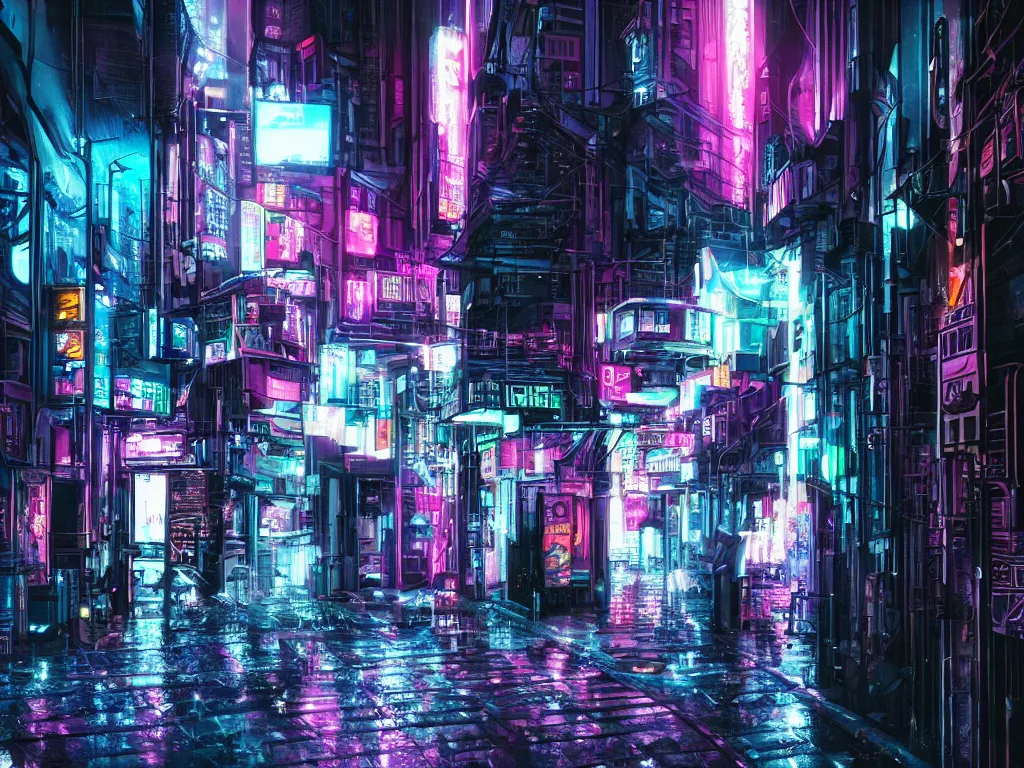 Prompt: cyberpunk city at night, neon lit alleyway, rain, light and shadows