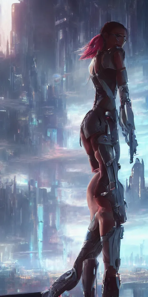 Image similar to back shot of a beautiful girl in sci - fi armour gazing back, holding two swords. by wlop. artstation contest winner, cinematic paint. lower shot. dramatic cloud and ruined city in background. cyberpunk