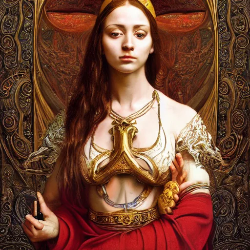 Prompt: Realistic painting of beautiful priestess woman in detailed costume, dramatic lighting, high-detailed oil painting by Ilya Repin, William Blake, Michelangelo da Caravaggio, Alex Grey and Beksinski, masterpiece, 4k