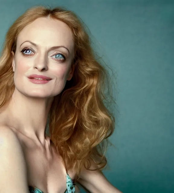 Image similar to beautiful portrait photo of Heather Graham, slight smile, photo by Annie Leibovitz, 85mm, teal studio backdrop, Getty images