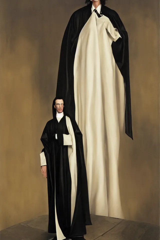 Image similar to painting of a beautiful tall thin man with pale skin, in black latex robes by bill sienckiwicz, high detail, high contrast, rim light, atmospheric