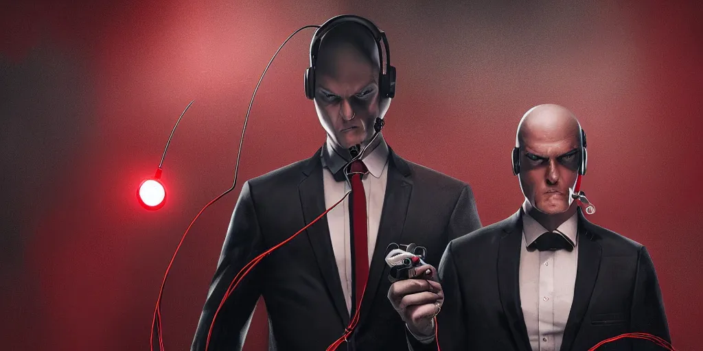 Prompt: agent 4 7 from hitman wearing headphones with wires everywhere listening to music, dark background, red rim light, smooth, sharp focus, art by ali kiani amin