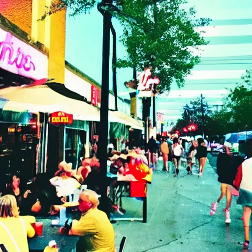 Prompt: a neon side city in usa, people outside eating meals, best, lifestyle, photo took on iphone 2