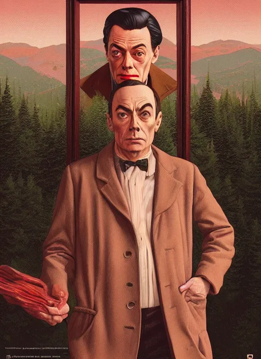 Prompt: Twin Peaks poster artwork by Michael Whelan and Tomer Hanuka, Karol Bak, Rendering of Buster Keaton, from scene from Twin Peaks, clean, full of details, by Makoto Shinkai and thomas kinkade, Matte painting, trending on artstation and unreal engine