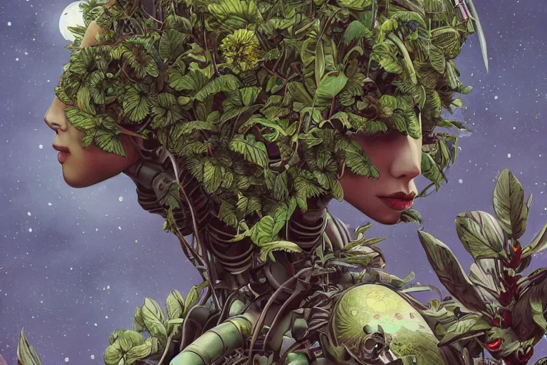 Image similar to gigantic robot - girl head floating in the space, a lot of exotic plants, trees, flowers, oldschool vintage sci - fi flat surreal grainy design, super - detailed, painting by kim jung gi, hd, 4 k, high quality