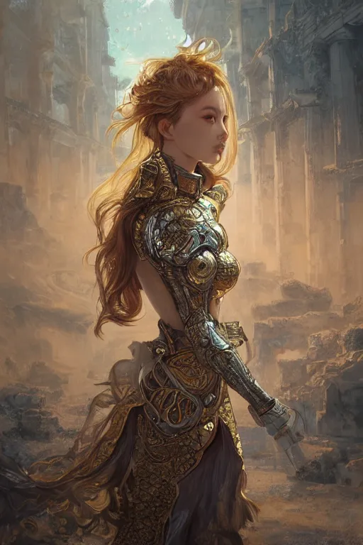 Image similar to portrait knights of Zodiac girl, silver and ice color reflected armor, in ruined Agora of Athens, ssci-fi, fantasy, intricate, very very beautiful, elegant, golden light, highly detailed, digital painting, artstation, concept art, smooth, sharp focus, illustration, art by WLOP and tian zi and alphonse mucha