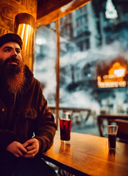 Prompt: Photography of a sad fully bearded man wearing warm clothes, and a huge travel backpack, drinking and smoking , sitting in a bar, full body shot, atmospheric lighting , wide angle lens