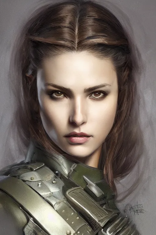 Image similar to a professionally painted portrait of an attractive young woman, clothed in military armor, olive skin, long dark hair, beautiful bone structure, symmetrical facial features, intricate, elegant, digital painting, trending on Artstation, concept art, smooth, sharp focus, illustration, from Metal Gear by Ruan Jia and Mandy Jurgens and Artgerm and William-Adolphe Bouguerea, award winning