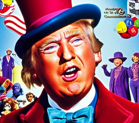 Prompt: willy wonka and the chocolate factory 1971 movie poster staring donald trump , XF IQ4, 150MP, 50mm, F1.4, ISO 200, 1/160s, natural light