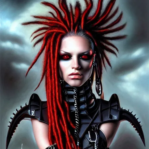 Image similar to portrait of flawless beautiful female cybergoth with blonde and red dreadlocks, dark, piercing eyes, exotic expression, esoteric clothing, photorealistic, highly detailed, mysterious lighting, artstation, smooth, sharp focus, art by michael whelan, artgerm, greg rutkowski and luis royo