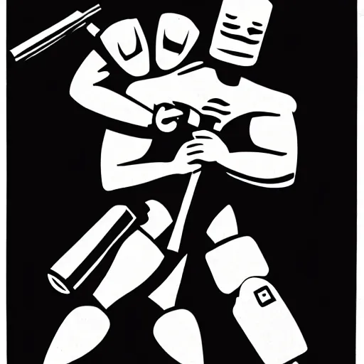 Image similar to propaganda poster of an incredibly muscular man with a sledgehammer cuddling with a robot, sketch, monochrome, bela uitz