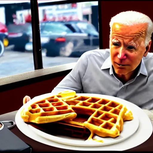 Prompt: Joe Biden eating waffles at Waffle House Digital Art