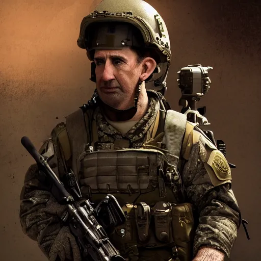 Image similar to mr. rodgers in military gear looking tough, movie poster, intricate, hyper detailed, accent lighting, dramatic light, 4 k octane render