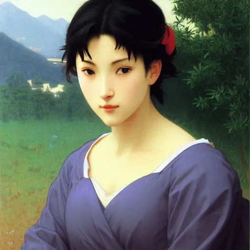 Image similar to A masterpiece head and shoulders portrait of Misato Katsuarig of NGE by William Adolphe Bouguereau and Makoto Shinkai