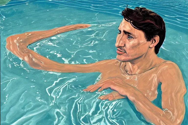 Image similar to justin trudeau in a swimming pool in a house in california, magazine centerfold, by david hockney, peter doig, lucien freud, francis bacon, pop realism, oil on canvas