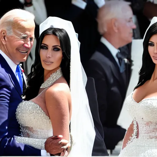 Image similar to professional photograph of Joe Biden and Kim Kardashian getting married, highly detailed, highly intricate, 8k,