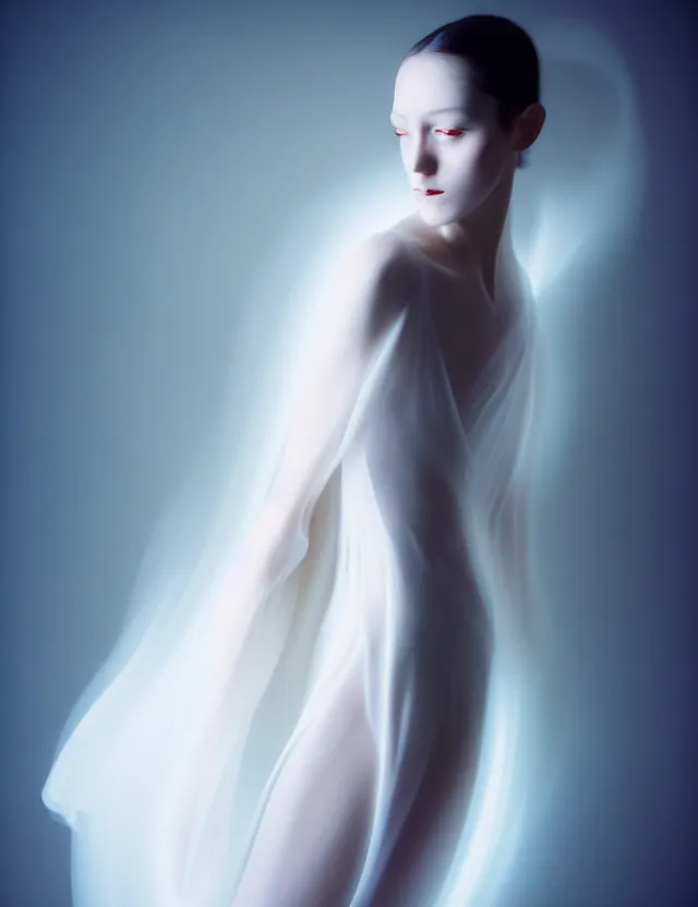 Image similar to kodak portra 4 0 0 photo portrait of a beautiful woman in style of paolo roversi, lightpainting motion blur, dress in white, elegant, soft coloured gel lighting, black background, highly detailed, sharp focus, ethereal, out worldly colours, emotionally evoking, head in focus, soft blur coloured gel light dreamy, volumetric lighting