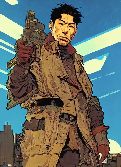 Image similar to hector tanaka. cyberpunk mercenary with scenic background. portrait illustration, pop art, art by ashley wood, alphonse mucha, laurie greasley and josan gonzalez. cinematic. beautiful lighting. realistic proportions. creative