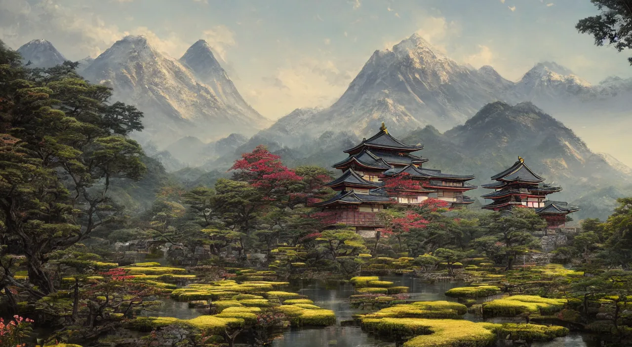 Prompt: a beautiful painting of a singular Japanese castle, with a garden as foreground, with mountains as background, by greg rutkowski and thomas kinkade, Trending on artstation
