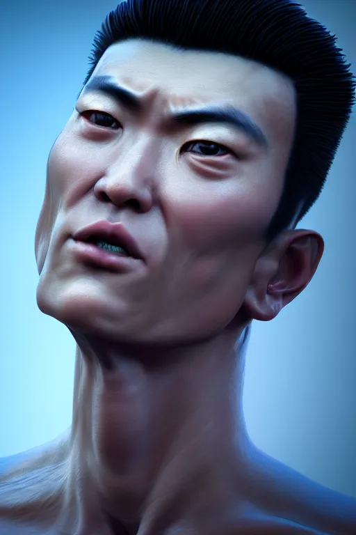 Image similar to hyperrealistic close-up rococo biomechanic! chinese man highly detailed concept art eric zener elson peter cinematic blue lighting high angle hd 8k sharp shallow depth of field