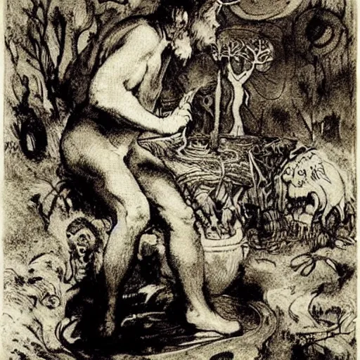 Image similar to A land art. A rip in spacetime. Did this device in his hand open a portal to another dimension or reality?! by Gerhard Munthe, by Norman Lindsay frightful